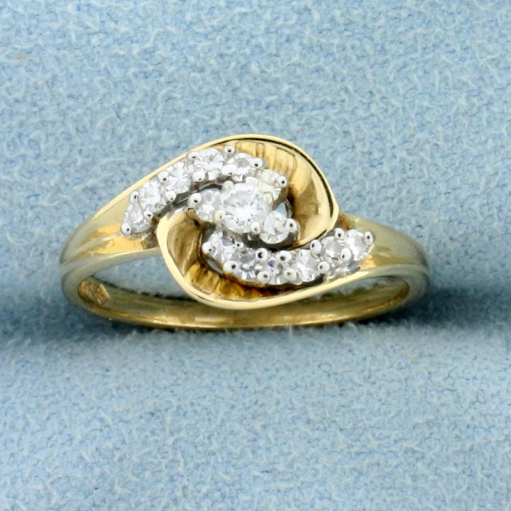 Wave Design Diamond Ring, 14K Gold, Size 6.75