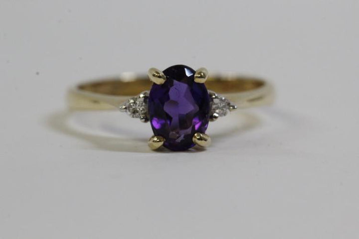 Amethyst and Diamond Ring, 14k Gold, Size 5.5